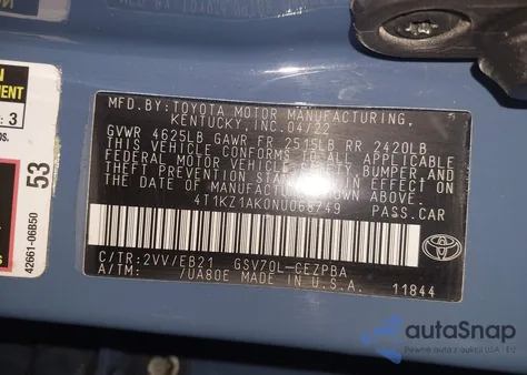 2022 Toyota Camry Trd из США, поврежденный, VIN 4T1KZ1AK0NU068749